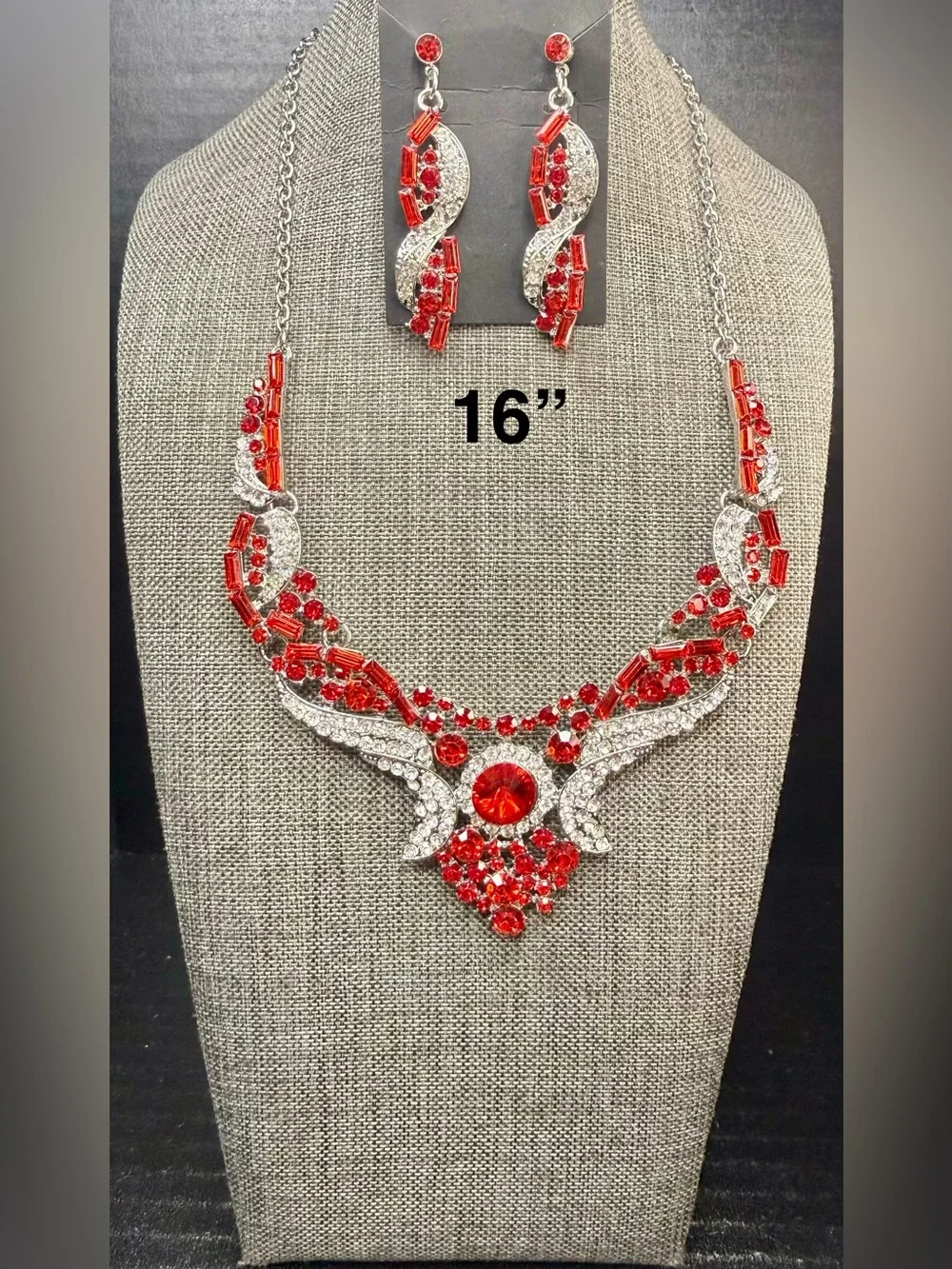Red Crystal Statement Necklace and Earring Set - Women Jewelry